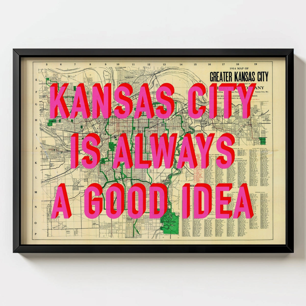 Kansas City Retro Pop Art Map Print (landscape) - black frame mockup - Magic Posters