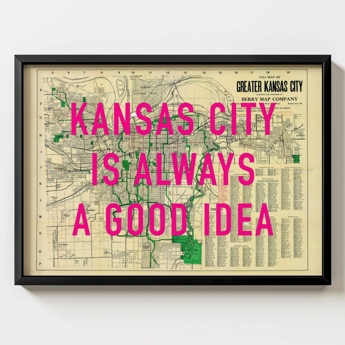 Kansas City Retro Pop Art Map Print (landscape) - black frame mockup - Magic Posters