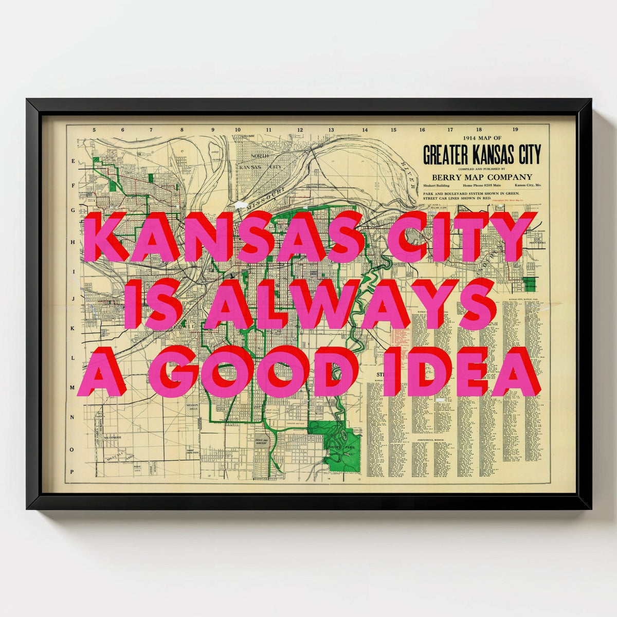 Kansas City Retro Pop Art Map Print (landscape) - black frame mockup - Magic Posters