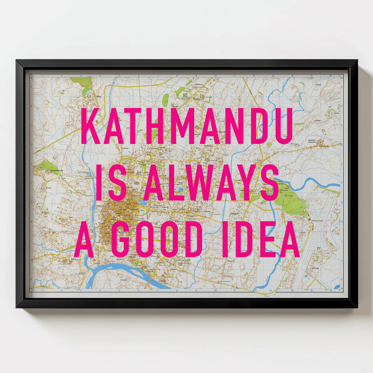 Kathmandu Retro Pop Art Map Print (landscape) - black frame mockup - Magic Posters