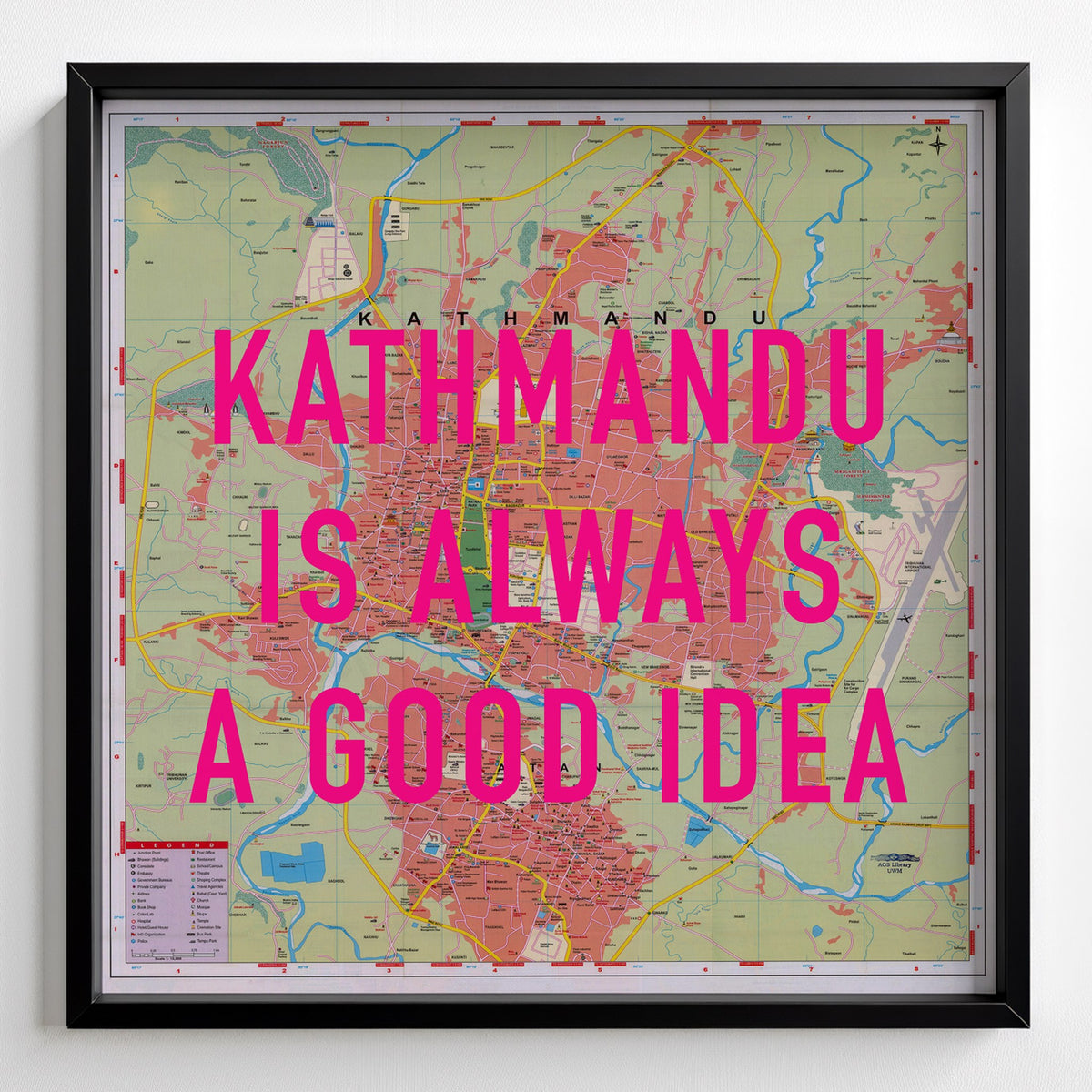 Kathmandu Retro Pop Art Map Print (square) - black frame mockup - Magic Posters