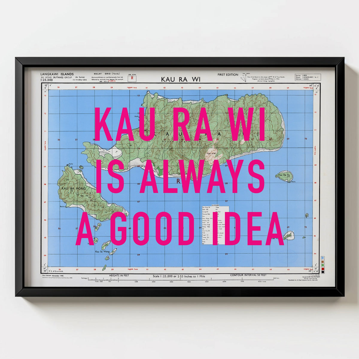Kau Ra Wi Retro Pop Art Map Print (landscape) - black frame mockup - Magic Posters