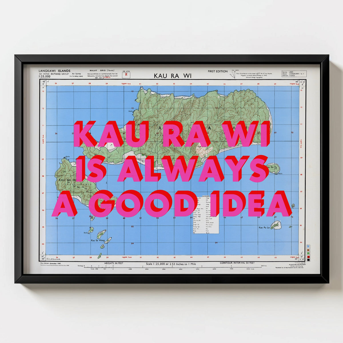 Kau Ra Wi Retro Pop Art Map Print (landscape) - black frame mockup - Magic Posters