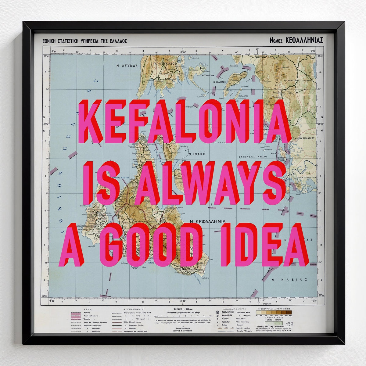 Kefalonia Retro Pop Art Map Print (square) - black frame mockup - Magic Posters