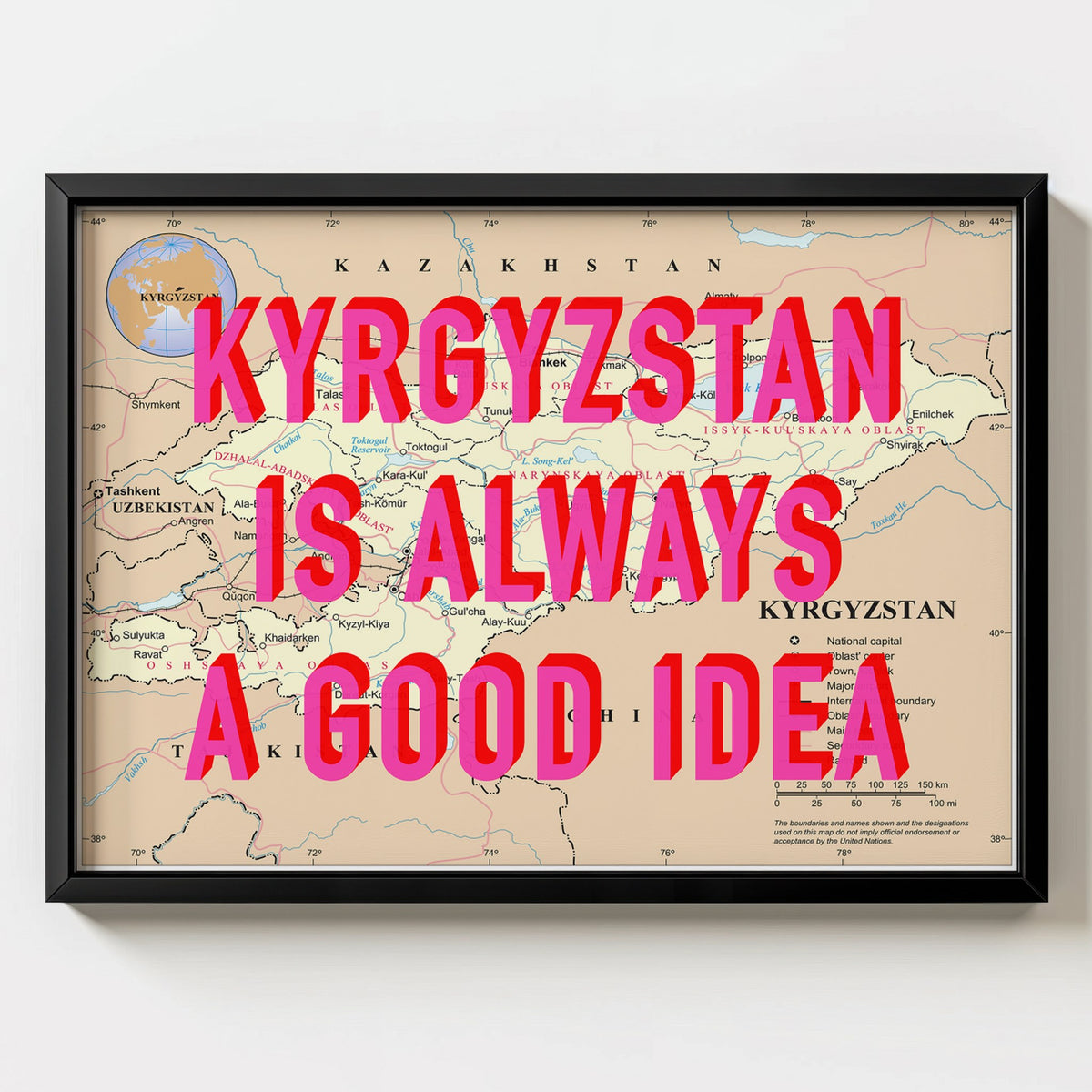 Kyrgyzstan Retro Pop Art Map Print (landscape) - black frame mockup - Magic Posters Bold