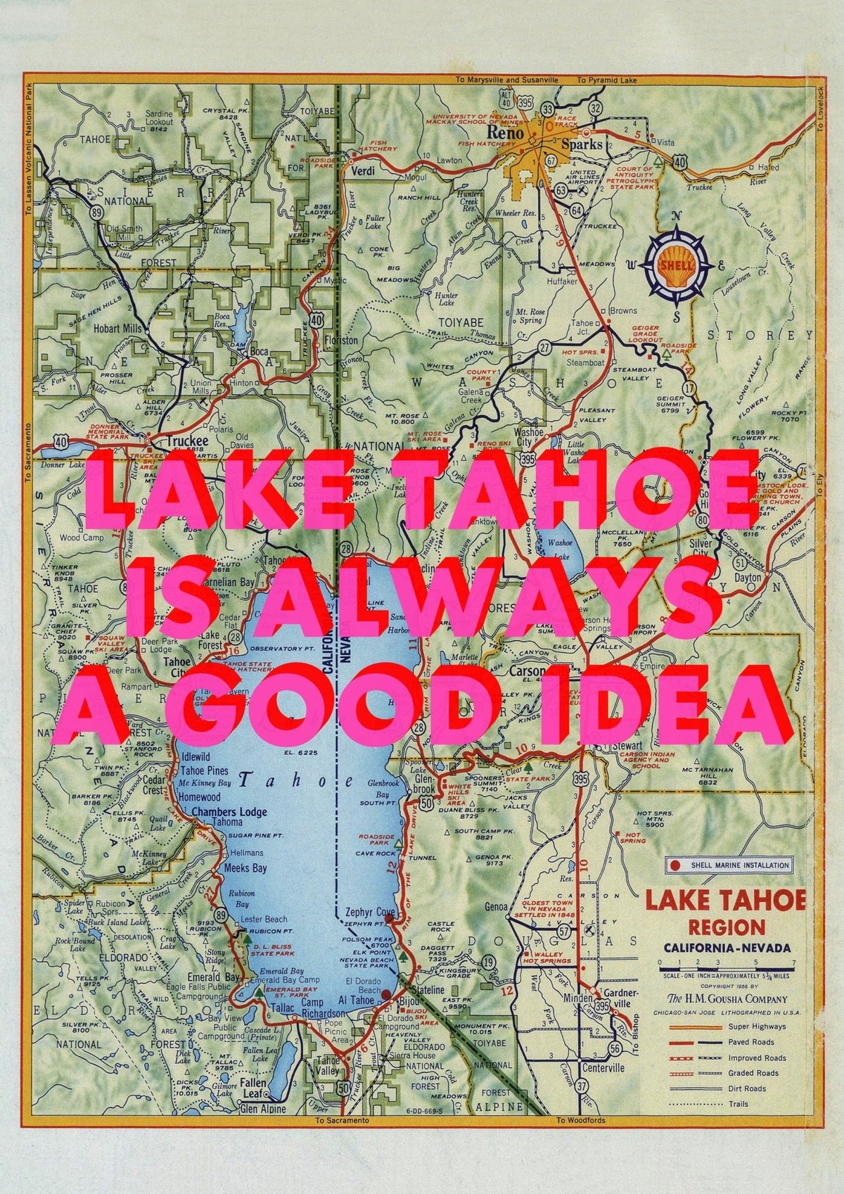 Lake Tahoe Retro Pop Art Map Print (portrait)