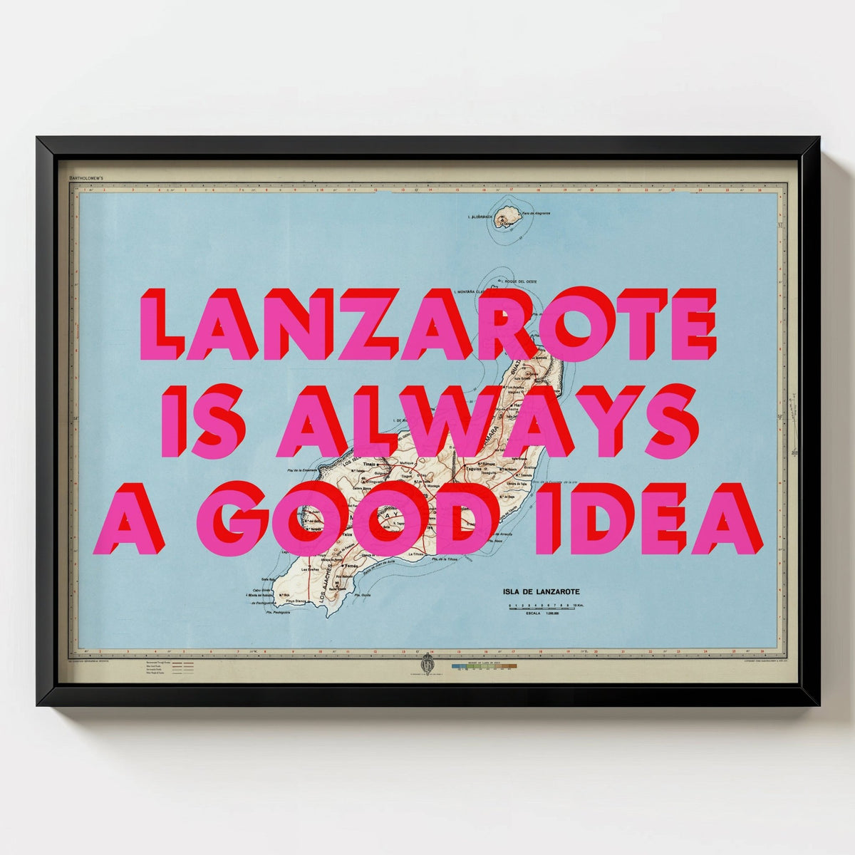 Lanzarote Retro Pop Art Map Print (Landscape) - black frame mockup - Magic Posters