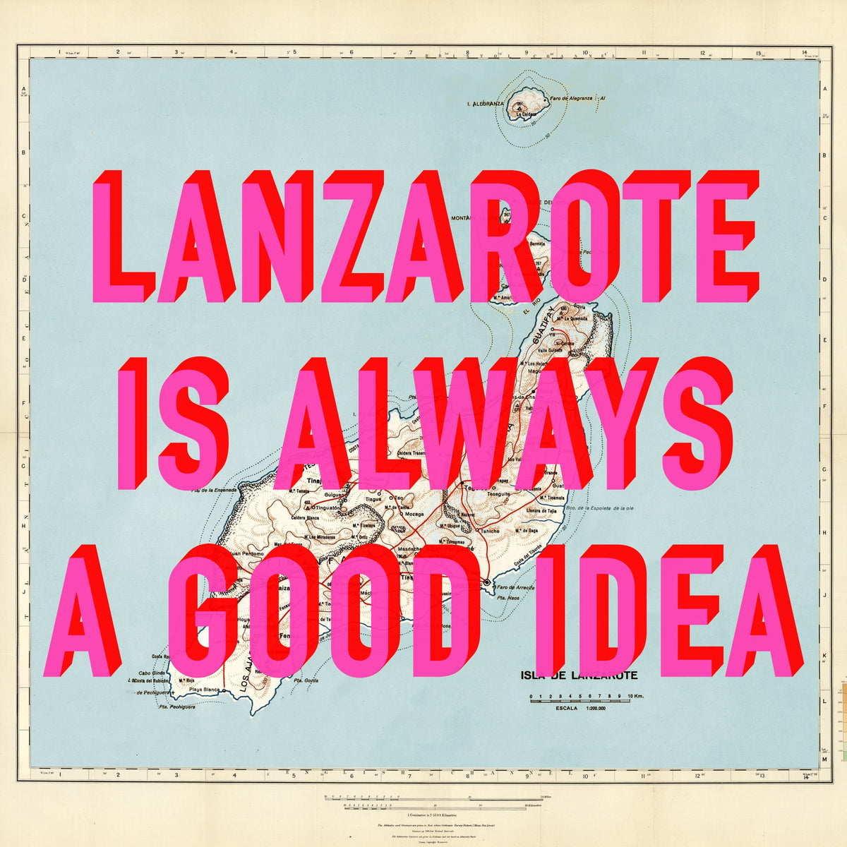 Lanzarote Retro Pop Art Map Print (Square)