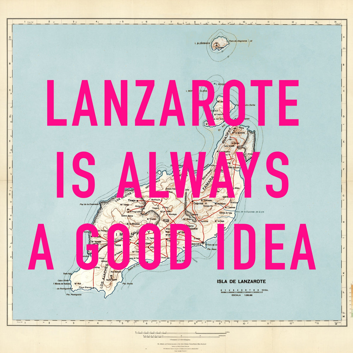 Lanzarote Retro Pop Art Map Print (Square)
