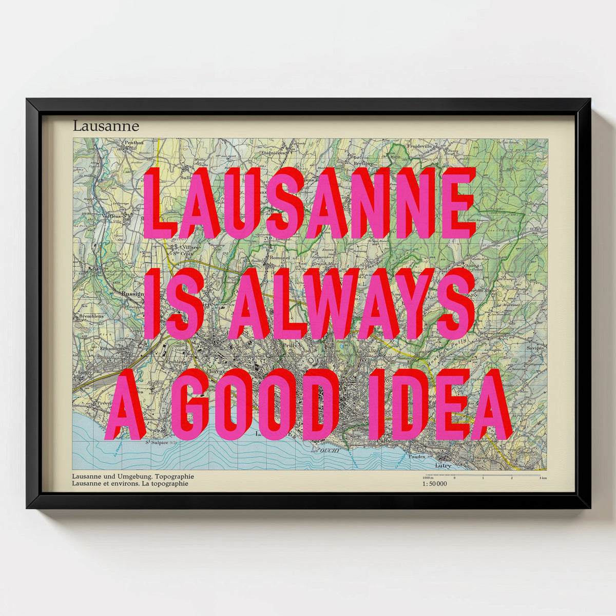 Lausanne Retro Pop Art Map Print (landscape) - black frame mockup - Magic Posters Bold