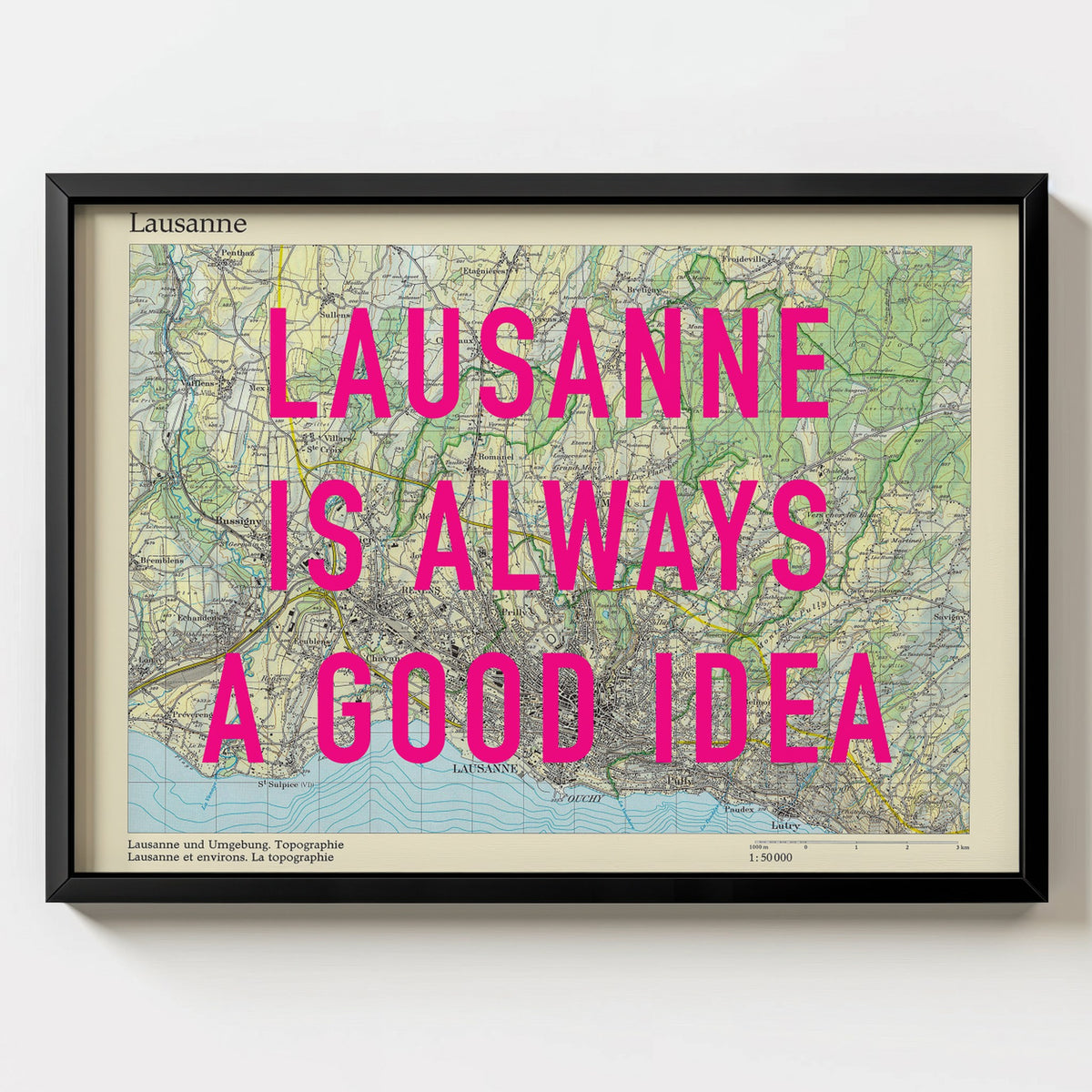 Lausanne Retro Pop Art Map Print (landscape) - black frame mockup - Magic Posters