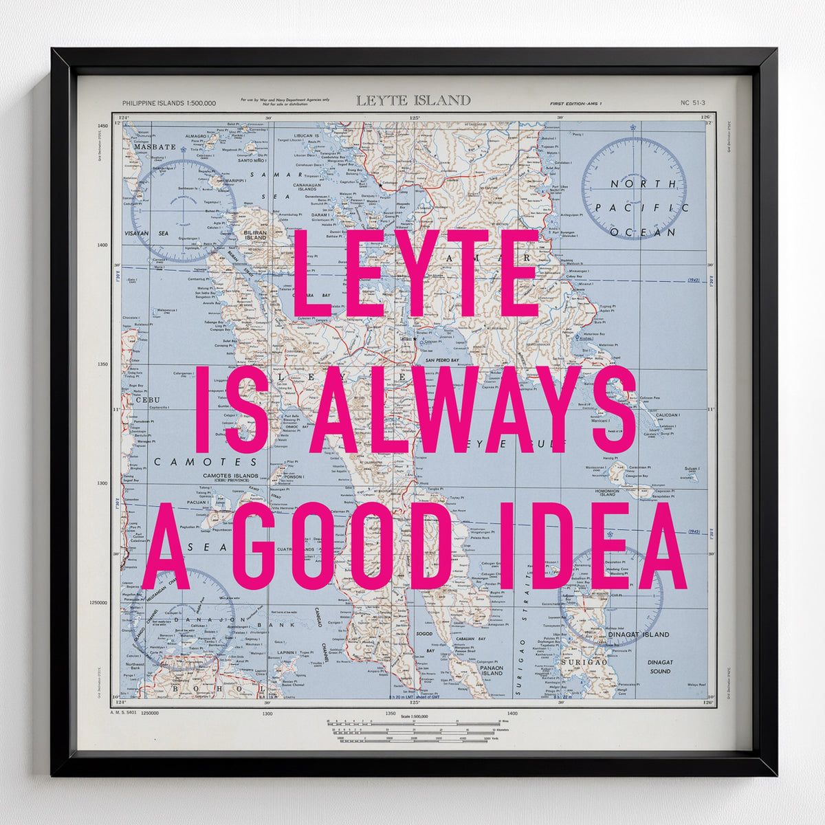 Leyte Island Retro Pop Art Map Print (square) - black frame mockup - Magic Posters