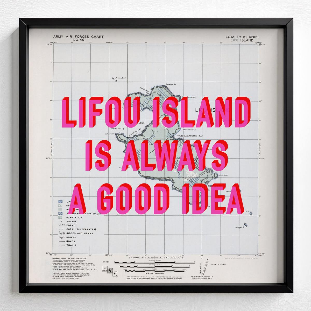 Lifou Island Retro Pop Art Map Print (square) - black frame mockup - Magic Posters Bold