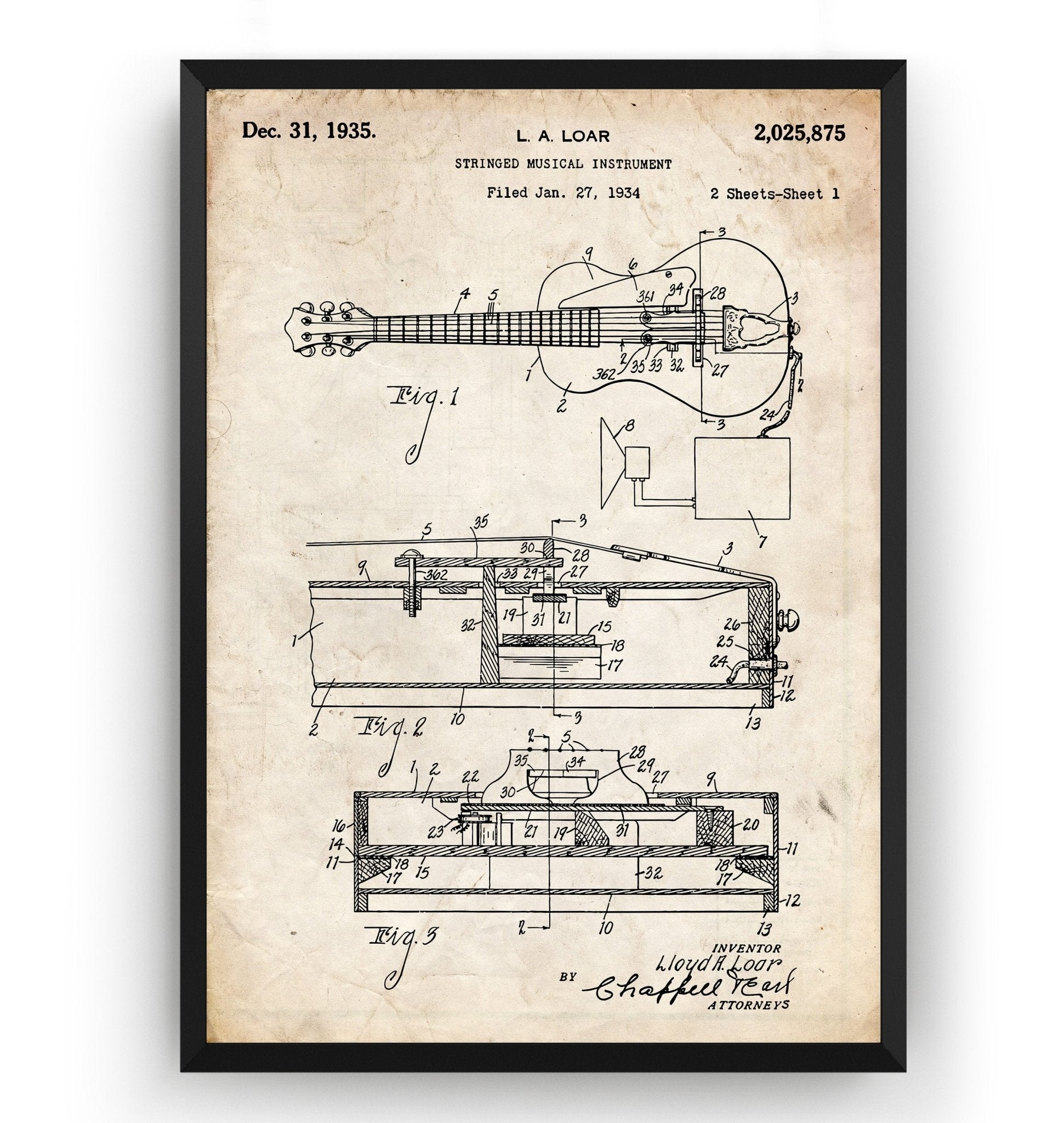 Lloyd Loar Vivitone Guitar 1935 Patent Print - Magic Posters