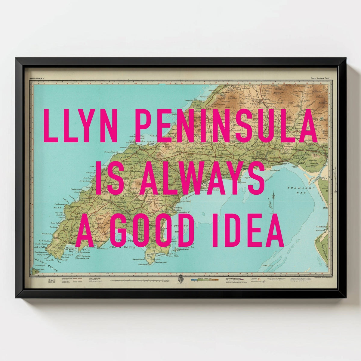 Llyn Peninsula Retro Pop Art Map Print - black frame mockup - Magic Posters