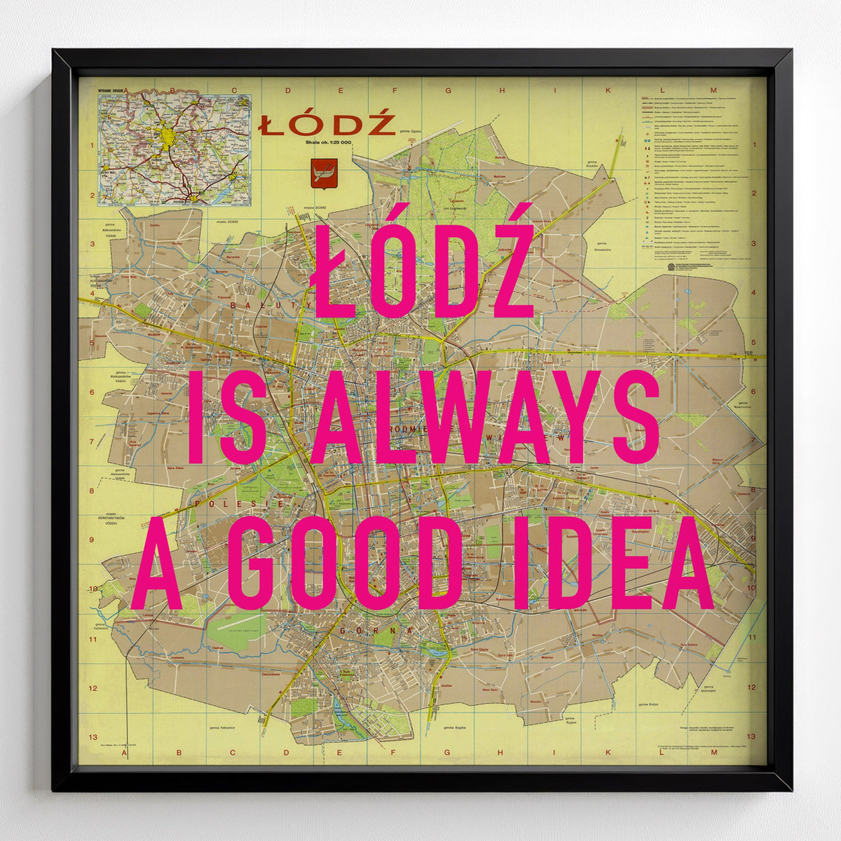 Łódź Retro Pop Art Map Print (square) - black frame mockup - Magic Posters