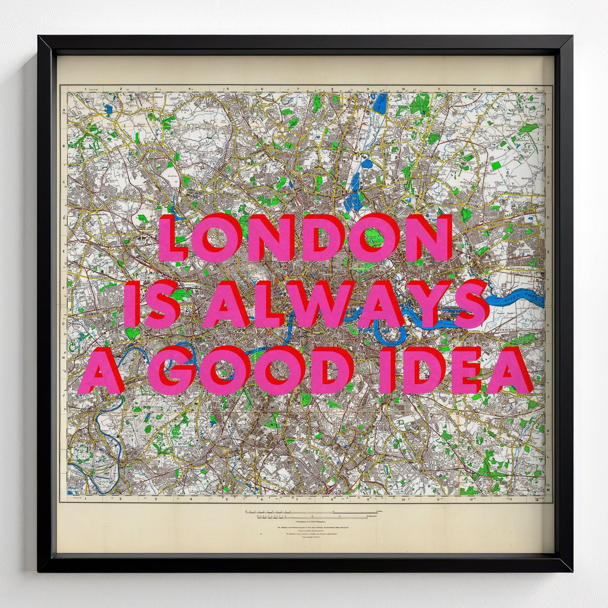 London Retro Pop Art Map Print (square v2) - black frame mockup - Magic Posters