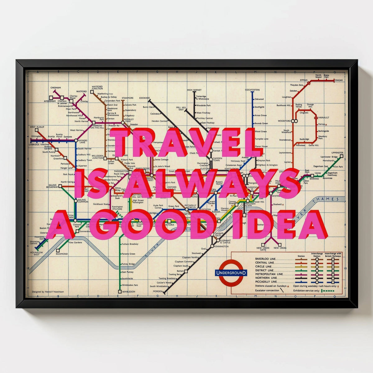 London Underground Retro Pop Art Map Print - black frame mockup - Magic Posters