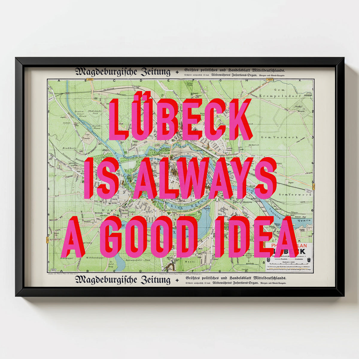 Lübeck Retro Pop Art Map Print (landscape) - black frame mockup - Magic Posters Bold