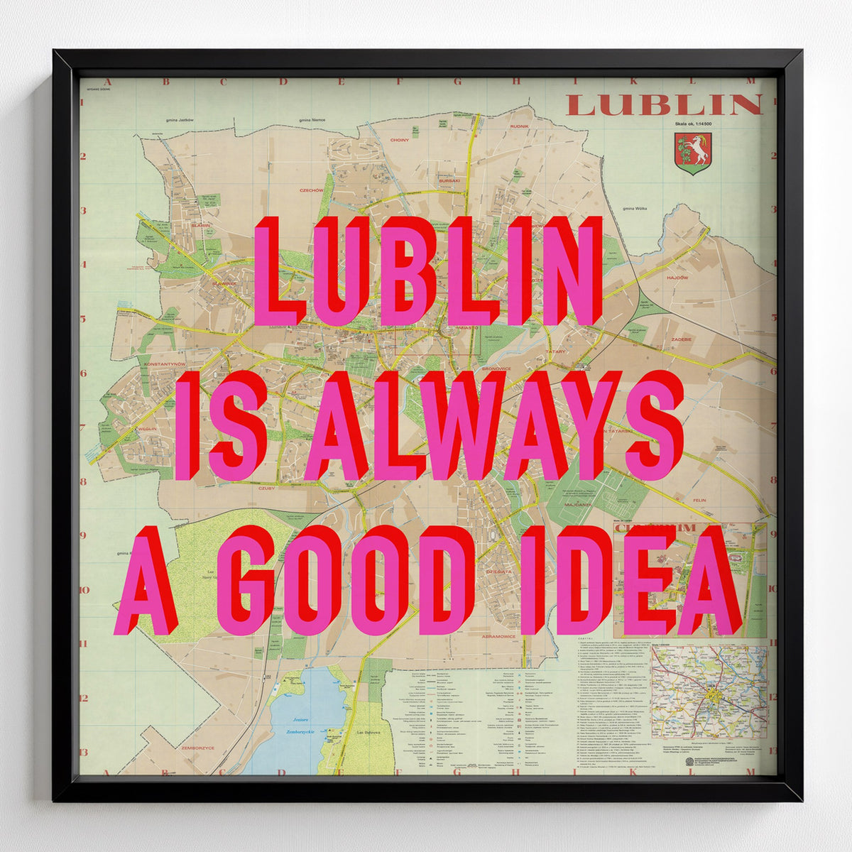 Lublin Retro Pop Art Map Print (square) - black frame mockup - Magic Posters Bold