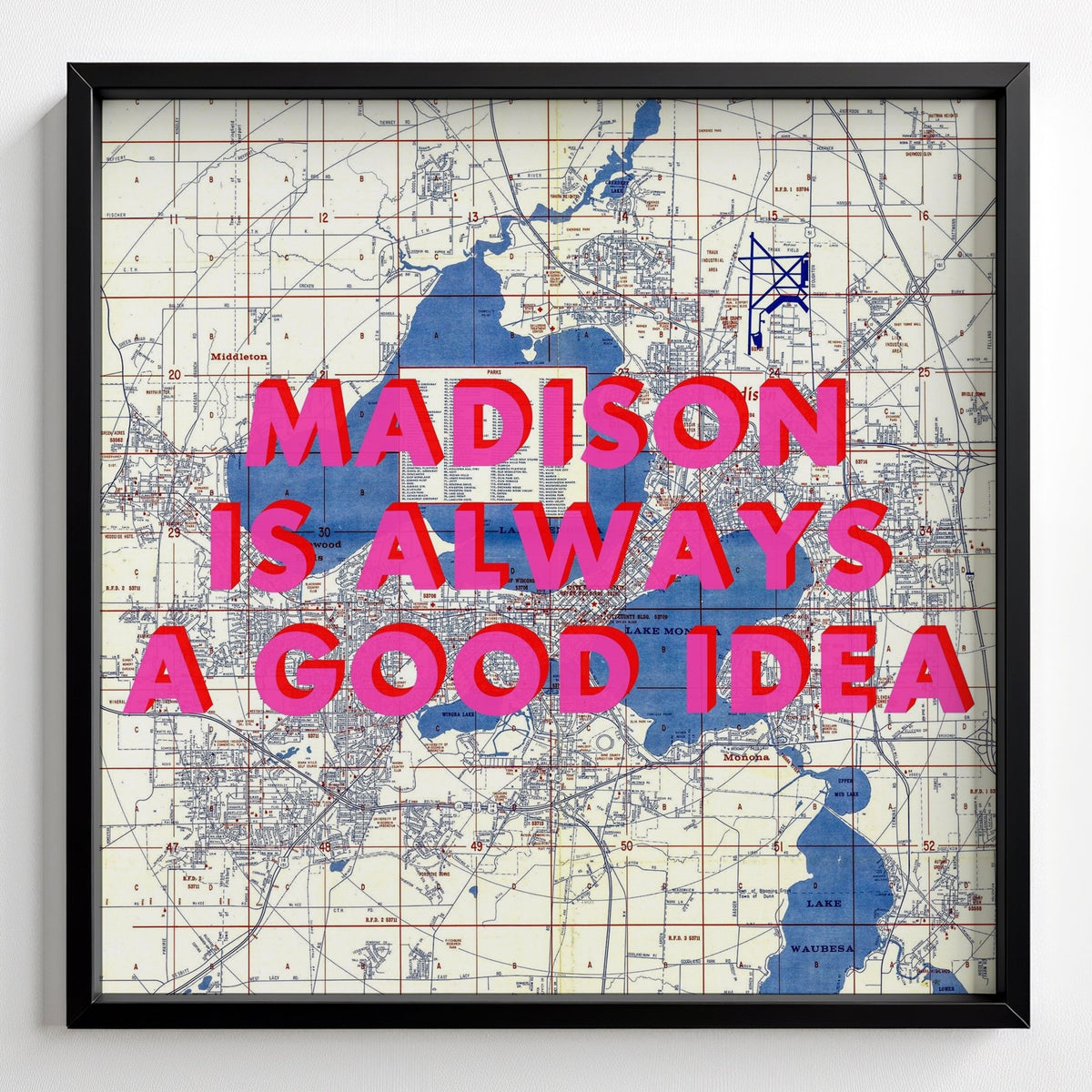 Madison Retro Pop Art Map Print Wisconsin (Square) - black frame mockup - Magic Posters