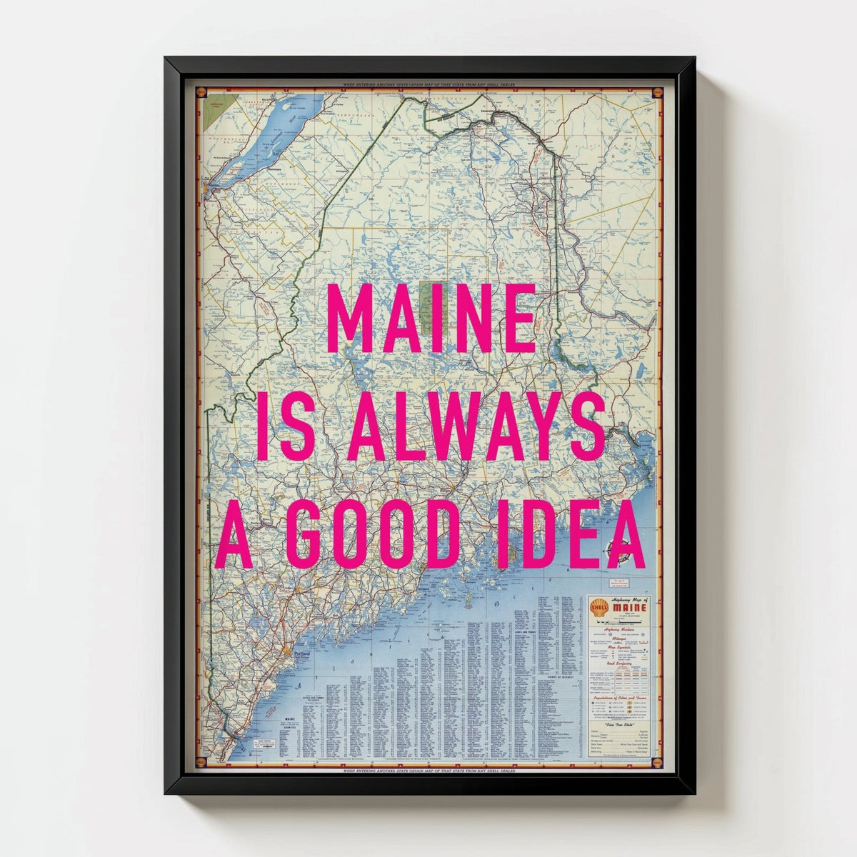 Maine Retro Pop Art Map Print - black frame mockup - Magic Posters