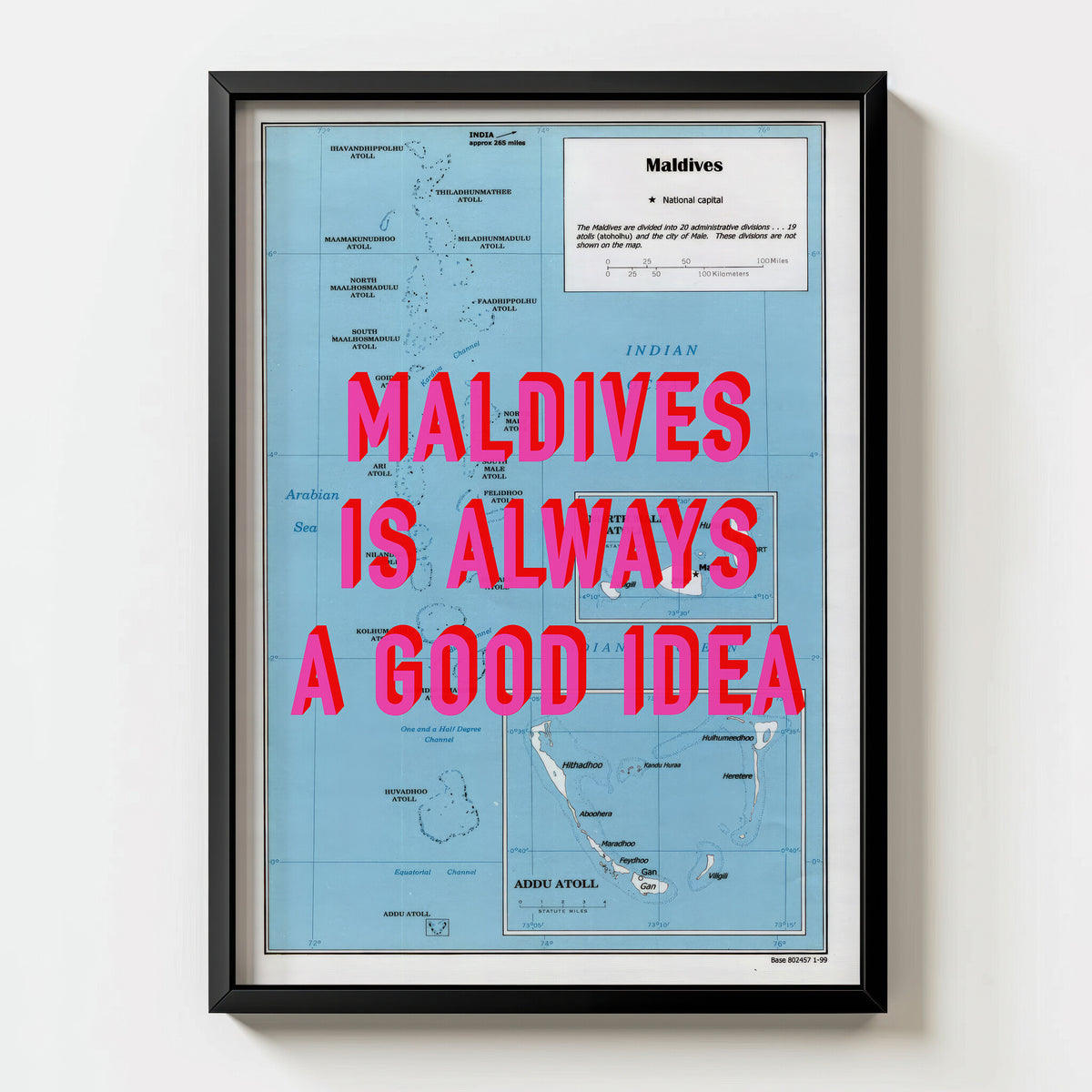 Maldives Retro Pop Art Map Print (portrait) - black frame mockup - Magic Posters Bold