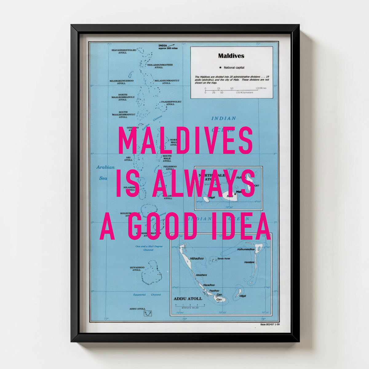 Maldives Retro Pop Art Map Print (portrait) - black frame mockup - Magic Posters