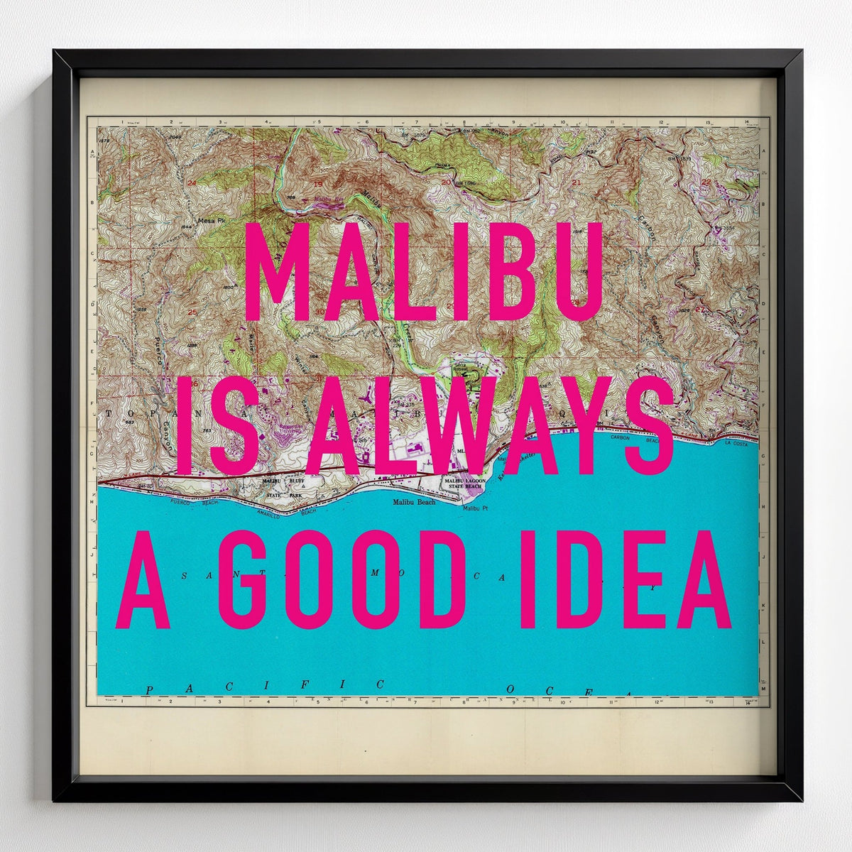 Malibu California Retro Pop Art Map Print (Square) - black frame mockup - Magic Posters