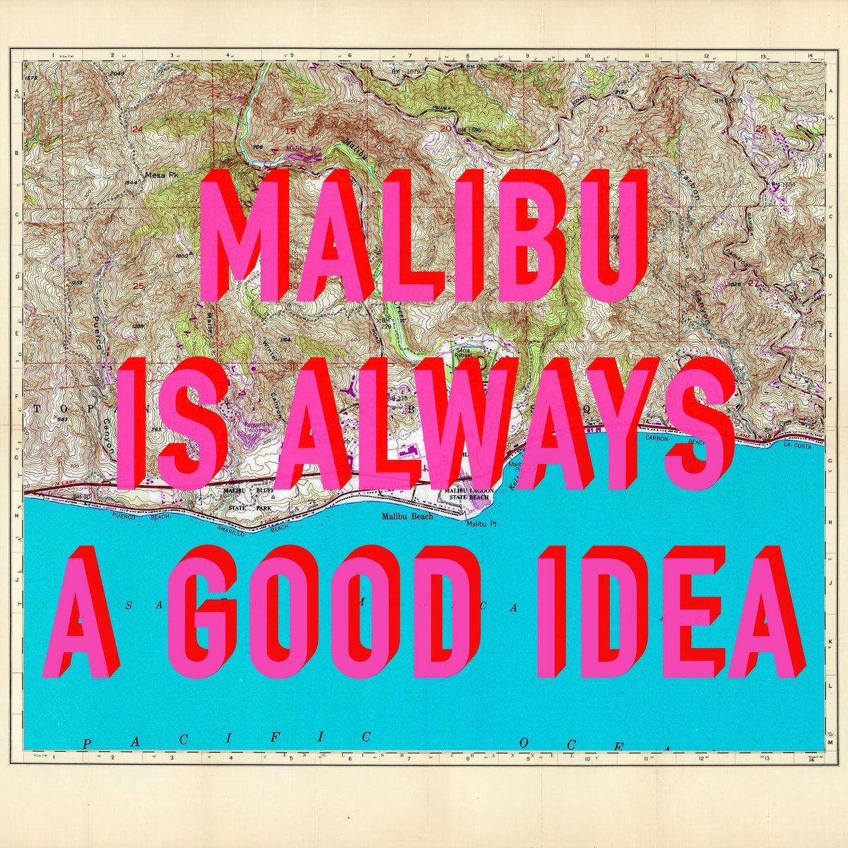 Malibu California Retro Pop Art Map Print (Square)