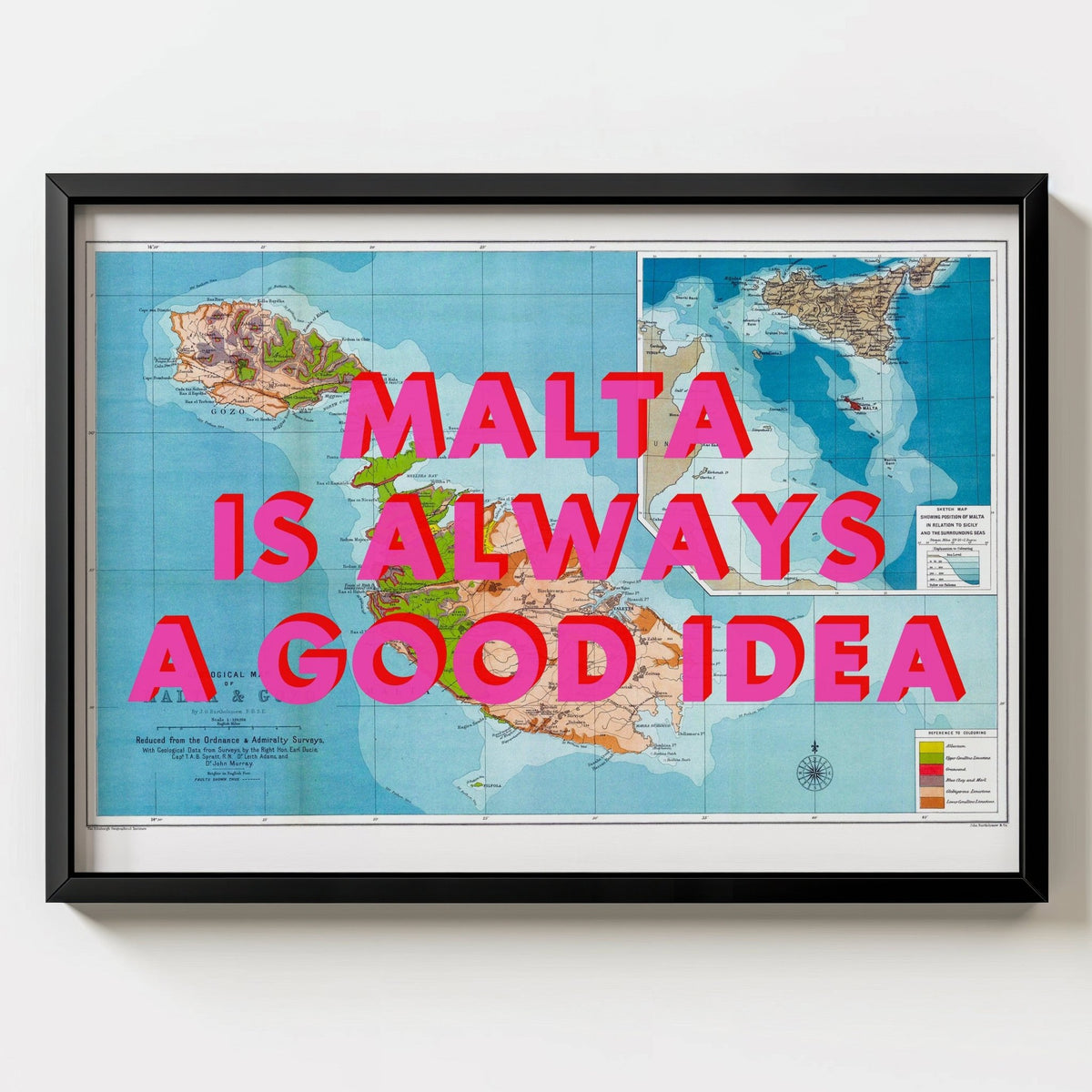 Malta Retro Pop Art Map Print - black frame mockup - Magic Posters Squashed