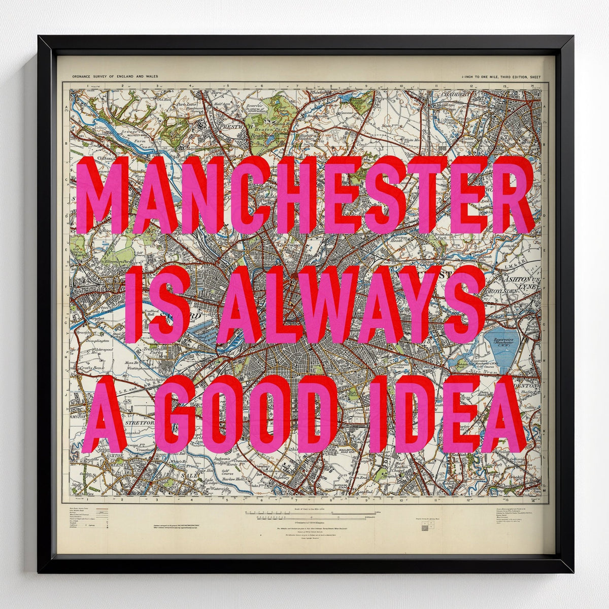 Manchester Retro Pop Art Map Print - black frame mockup - Magic Posters