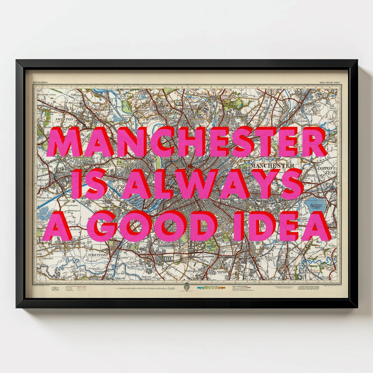 Manchester Retro Pop Art Map Print - black frame mockup - Magic Posters