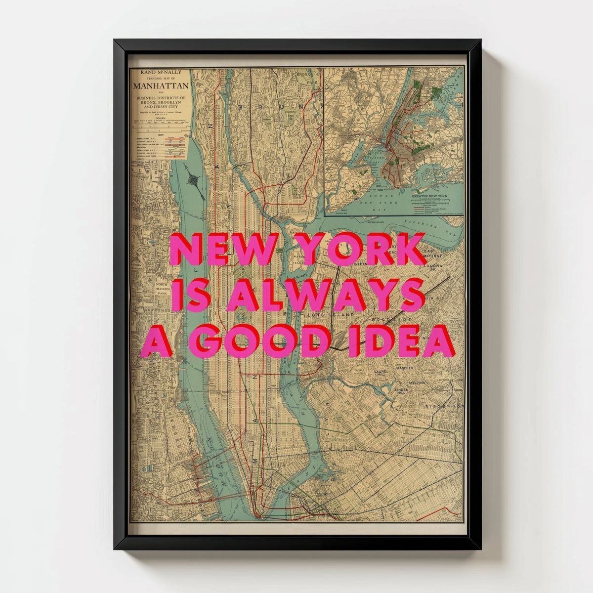 Manhattan New York Retro Pop Art Map Print - black frame mockup - Magic Posters