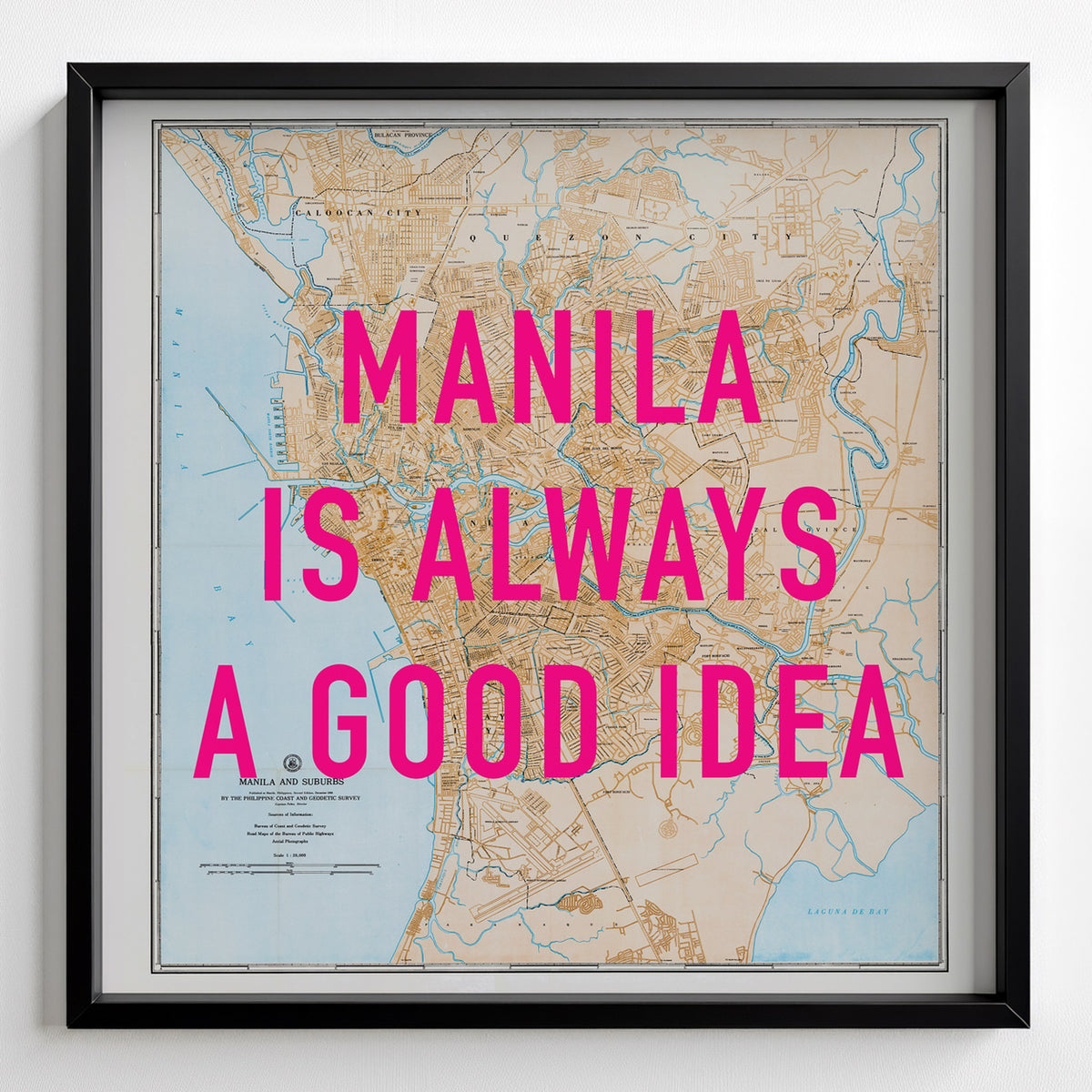 Manila Retro Pop Art Map Print (square) - black frame mockup - Magic Posters