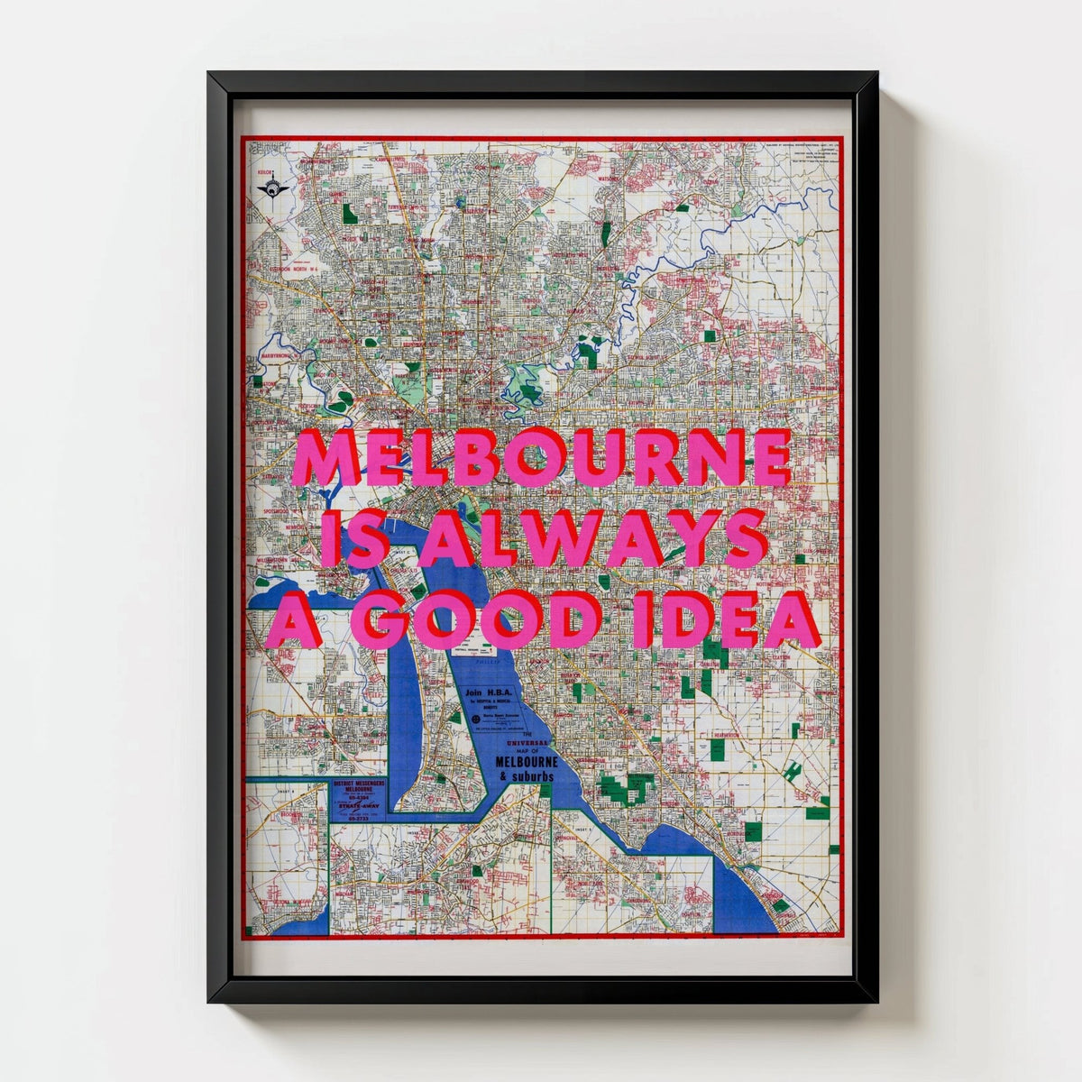 Melbourne Retro Pop Art Map Print - black frame mockup - Magic Posters