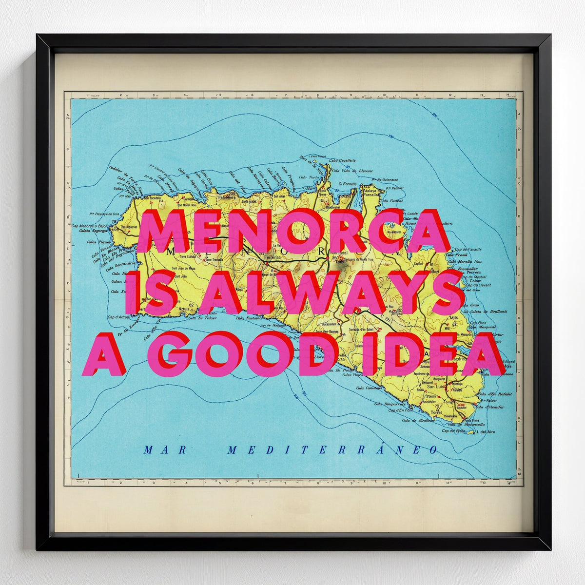 Menorca Retro Pop Art Map Print - black frame mockup - Magic Posters