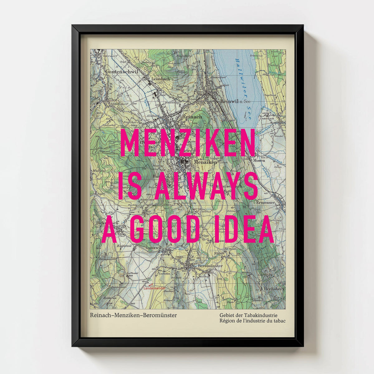 Menziken Retro Pop Art Map Print (portrait) - black frame mockup - Magic Posters