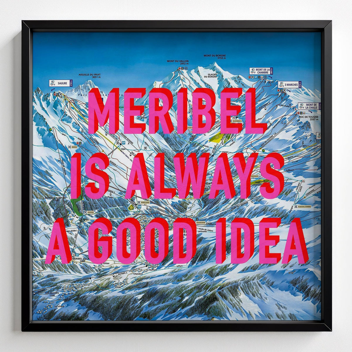 Meribel Retro Pop Art Ski Map Print - black frame mockup - Magic Posters
