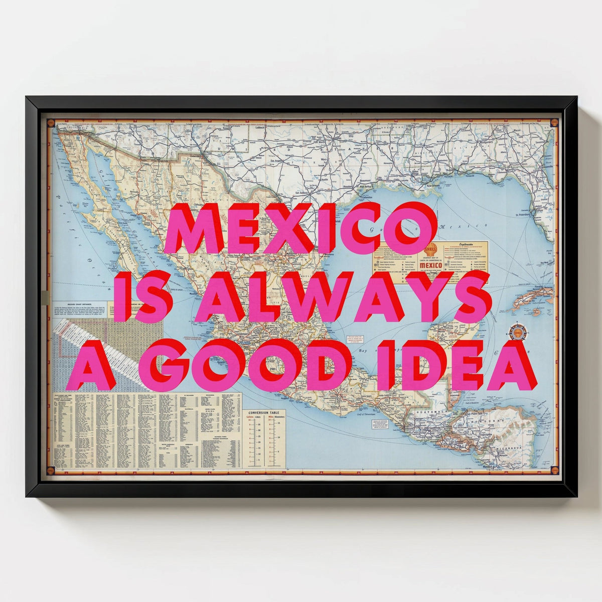 Mexico Retro Pop Art Map Print (Landscape) - black frame mockup - Magic Posters
