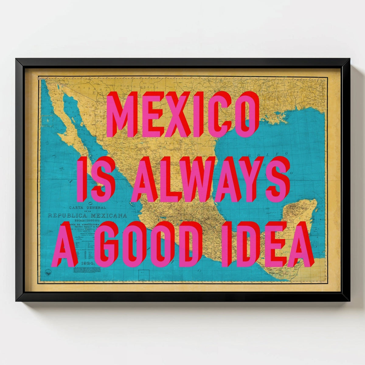 Mexico Retro Pop Art Map Print (Landscape v2) - black frame mockup - Magic Posters