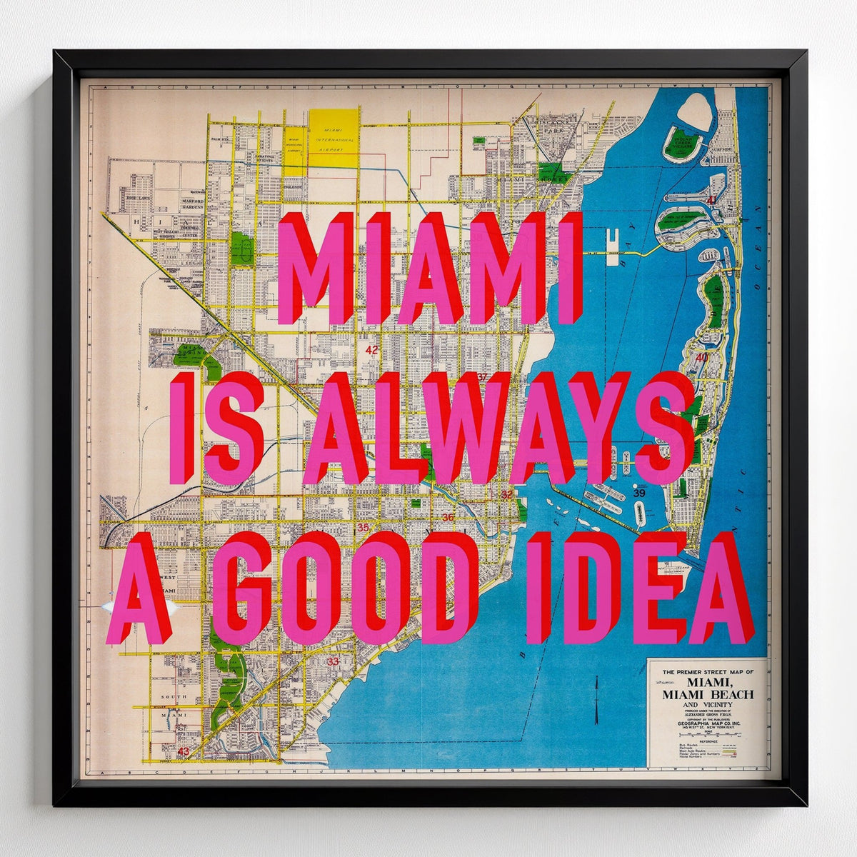 Miami Retro Pop Art Map Print (Square) - black frame mockup - Magic Posters