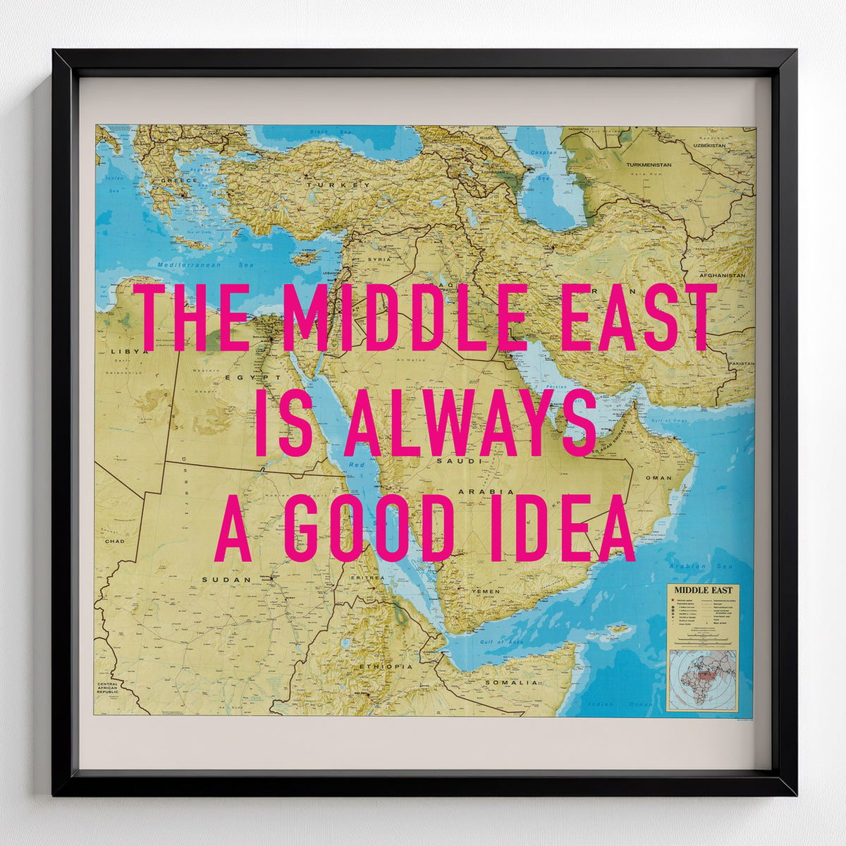 Middle East Retro Pop Art Map Print (square) - black frame mockup - Magic Posters