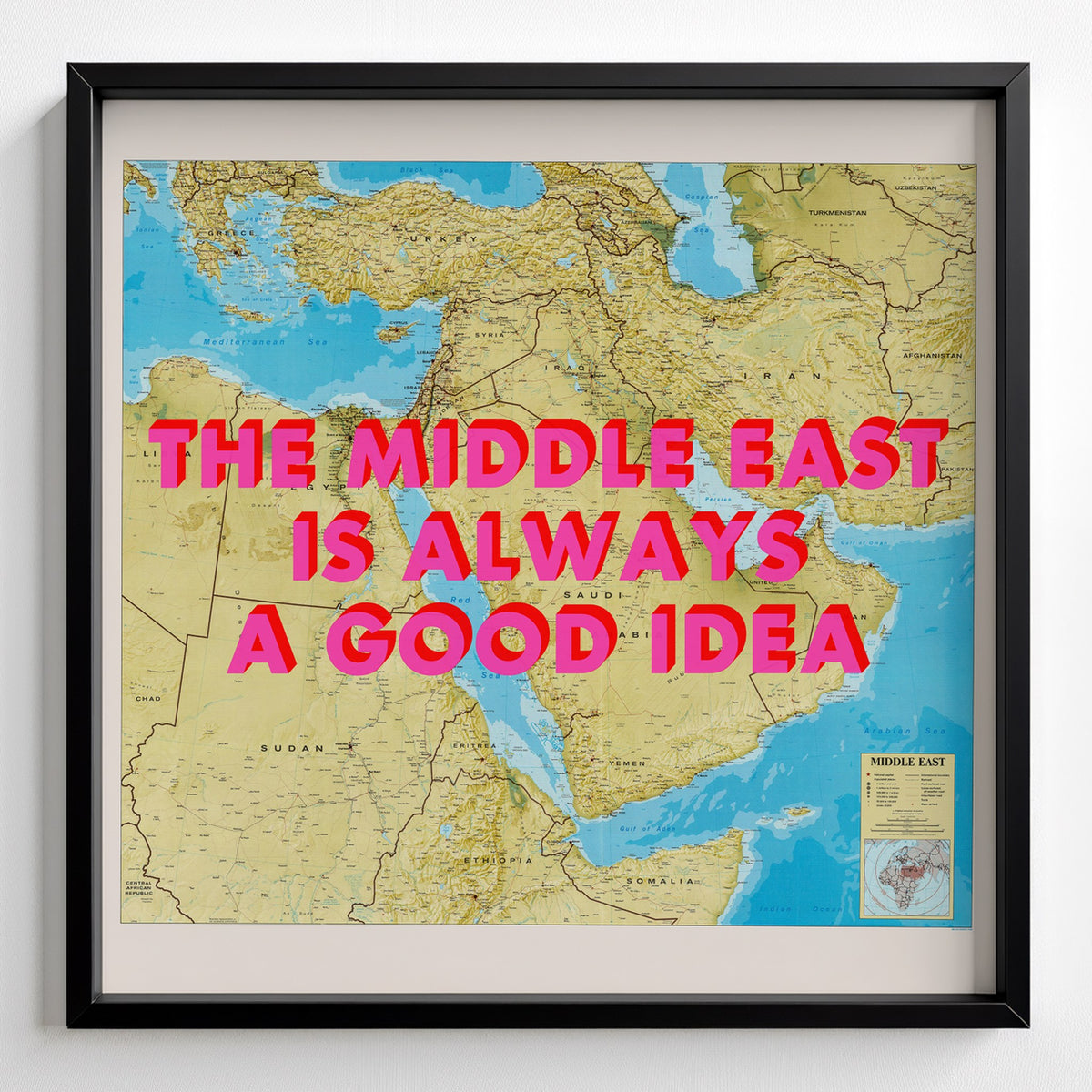 Middle East Retro Pop Art Map Print (square) - black frame mockup - Magic Posters
