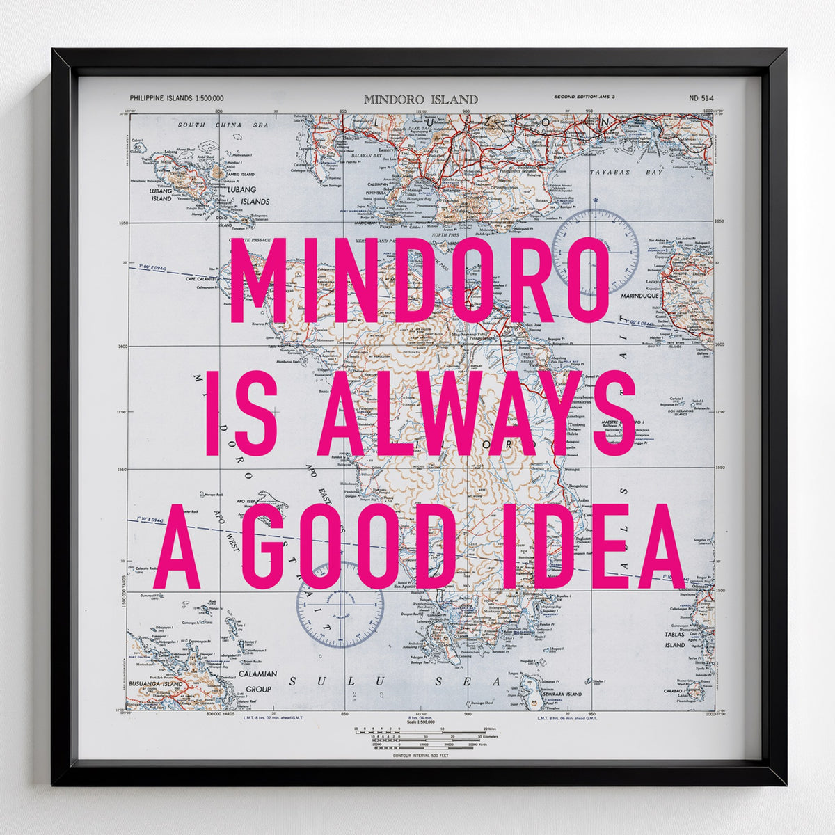 Mindoro Island Retro Pop Art Map Print (square) - black frame mockup - Magic Posters