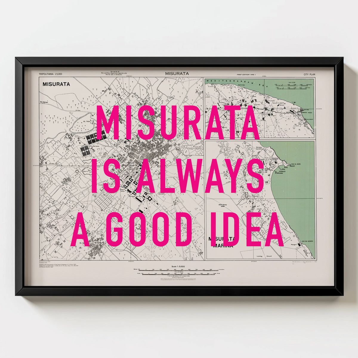Misurata Retro Pop Art Map Print (landscape) - black frame mockup - Magic Posters