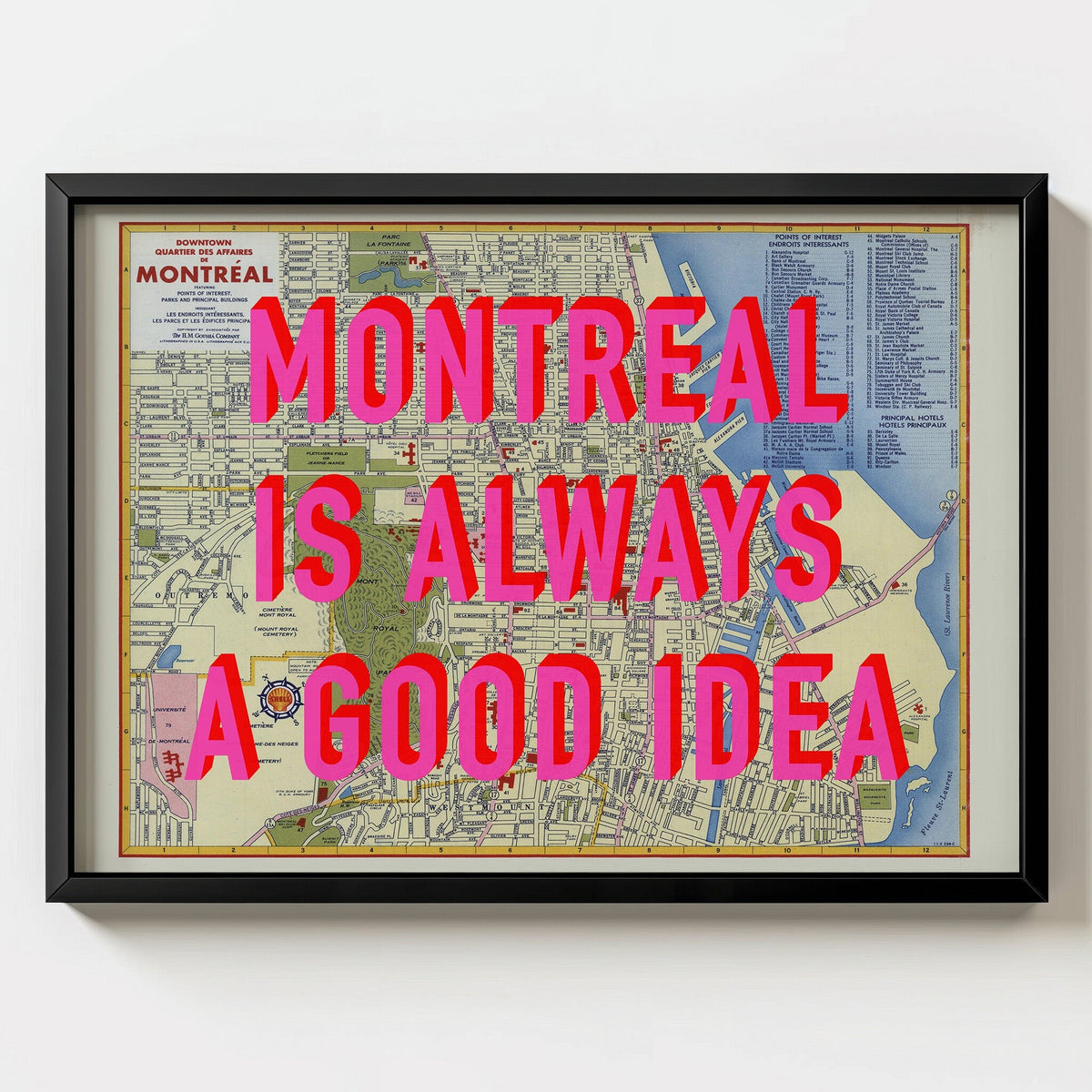 Montreal Retro Pop Art Map Print (landscape) - black frame mockup - Magic Posters Bold