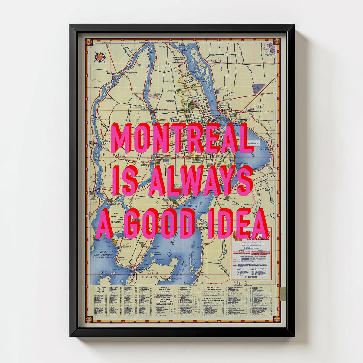 Montreal Retro Pop Art Map Print (portrait) - black frame mockup - Magic Posters Bold