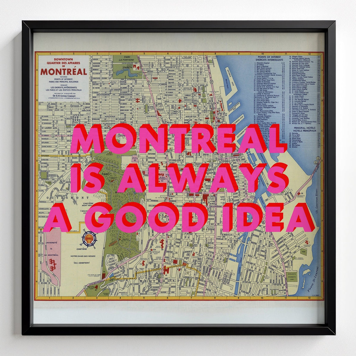 Montreal Retro Pop Art Map Print (Square) - black frame mockup - Magic Posters