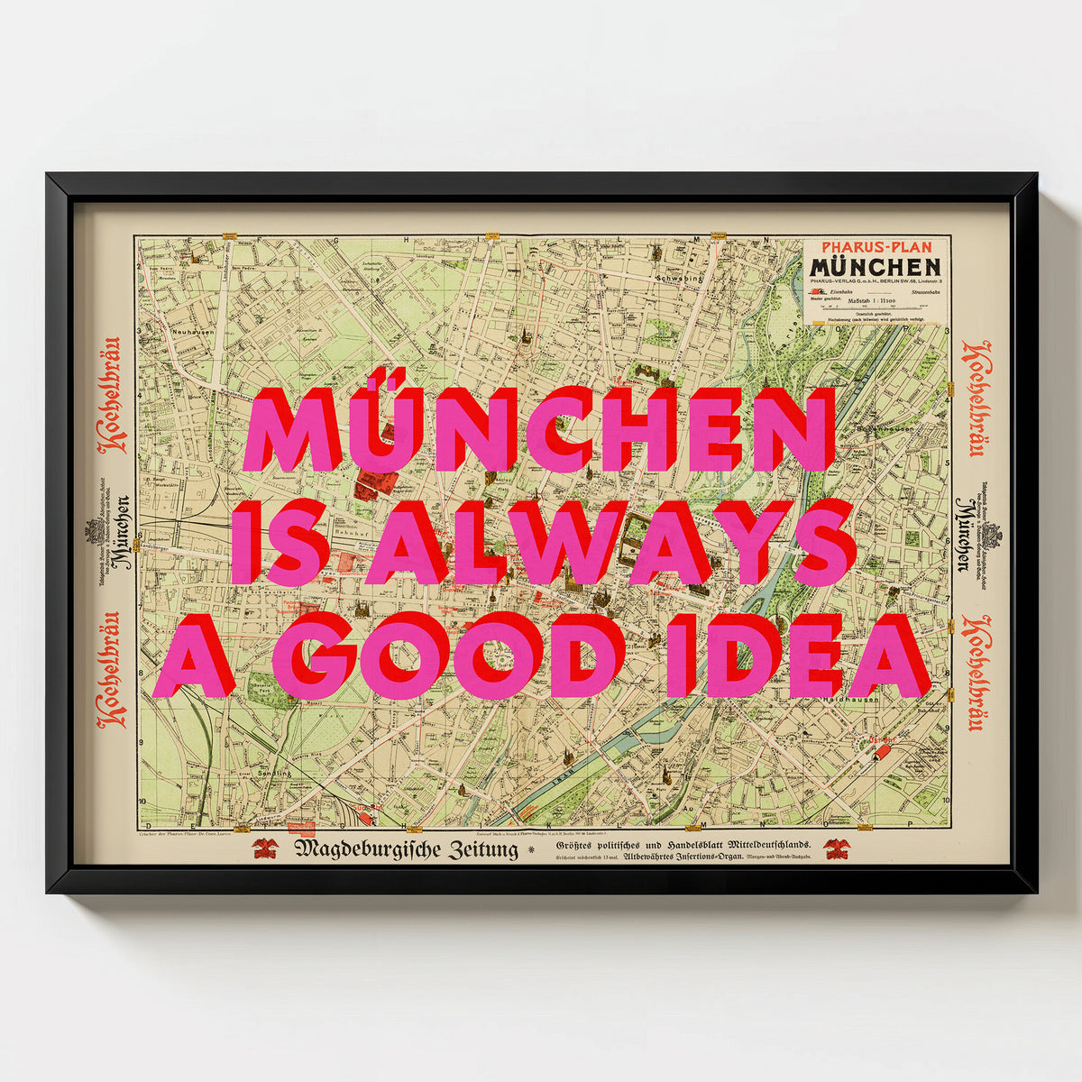München Retro Pop Art Map Print (landscape) - black frame mockup - Magic Posters